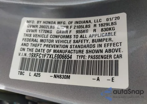 2020 Honda Civic Ex-L из США, поврежденный, VIN 19XFC1F7XLE006654